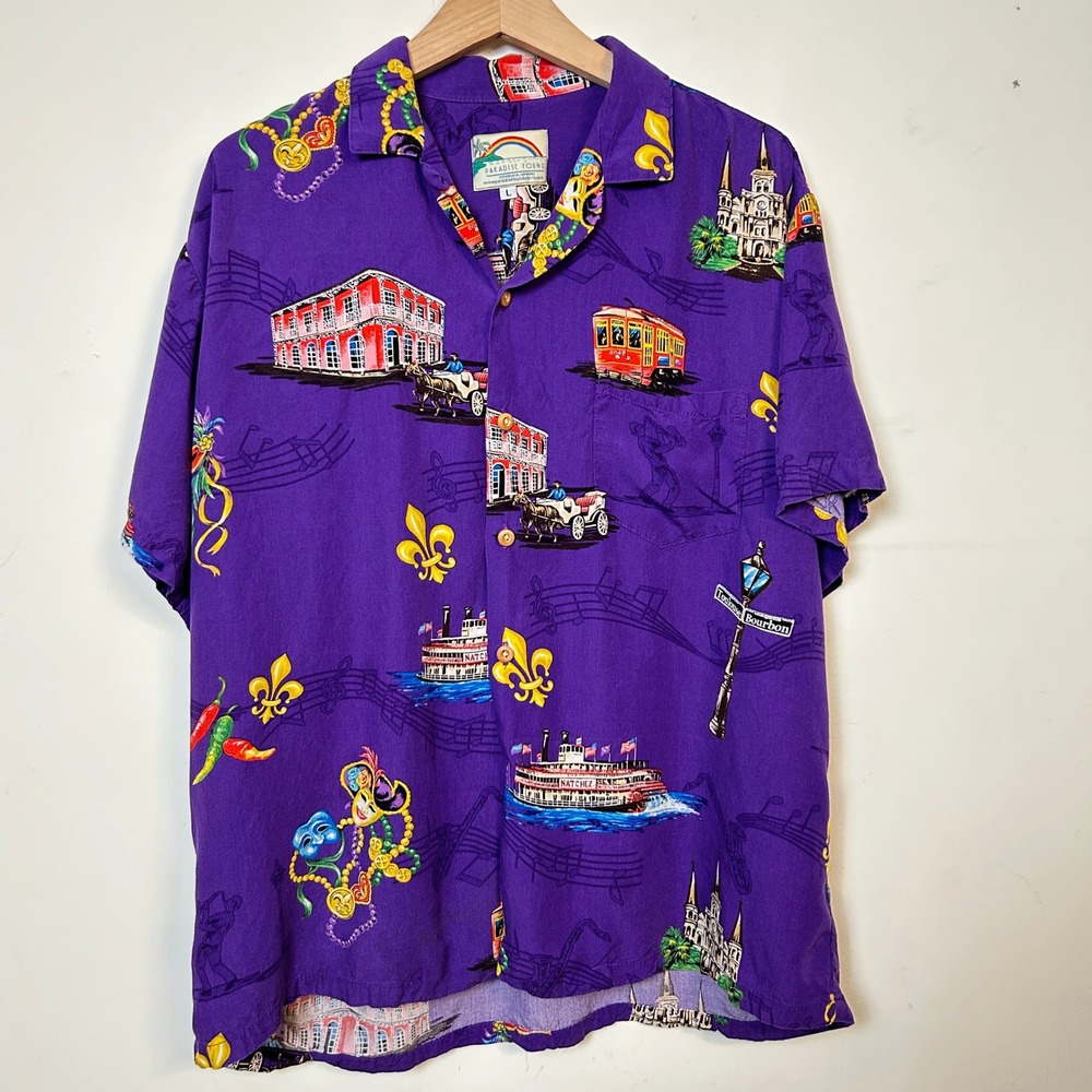 Paradise Found Mardi Gras New‎ Orleans Hawaiian Shirt Purple Rayon Large